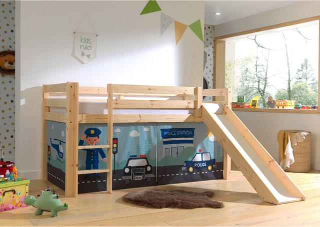 Halbhohes Kinderbett PINO aus massivem Kiefer mit Rutsche und Textilset Police in Braun und Multicolour, B/T: 90 x 200 cm - Bild 1