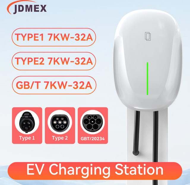 JDMEX EV Ladestation 7KW 32A 1-Phase Typ1/GBT Wallbox mit 5m Kabel in Weiß - Bild 1