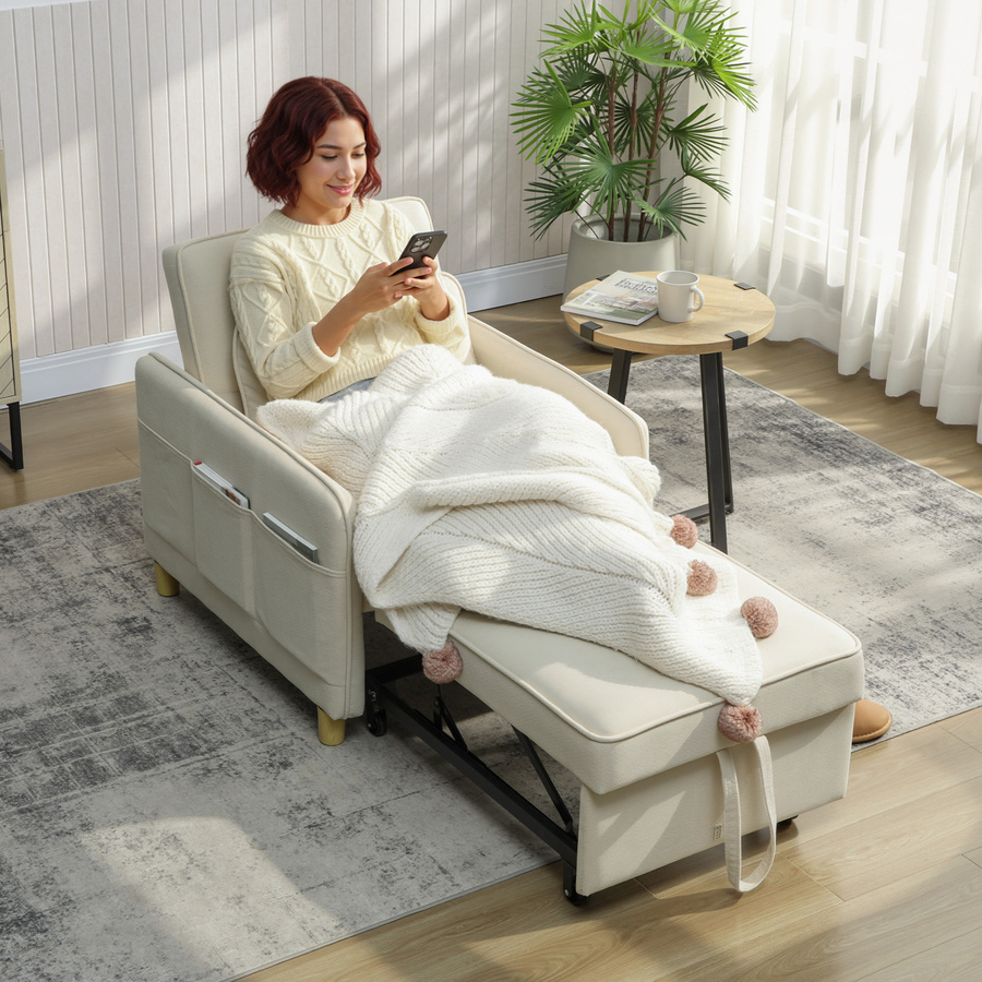 HOMCOM 3-in-1 Schlafsessel mit Bettfunktion und Lendenkissen, Umwandelbares Schlafsofa aus Mais-Samtstoff in Beige - Bild 2