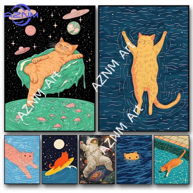 KAYOU Wandbild mit Cartoon-Katzen-Illustration in Orange und Multicolour, modernes Leinwandposter für deine Wanddekoration - Bild 1