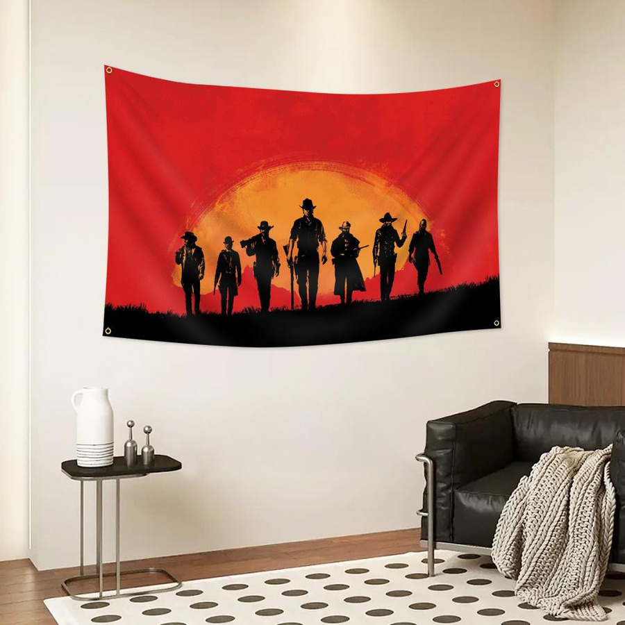 Red Dead Redemption 2 Wandteppich mit Cowboy Silhouette von JMG Household Supplies, Polyester Wandbehang in Rot, Breite: 60 cm, Höhe: 40 cm - Bild 2