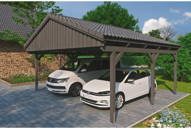 Skan Holz Carport Fichtelberg aus Fichte Leimholz mit grauen Dachziegeln und spitzer Dachform, B/T: 618 x 566 cm, Höhe: 362 cm - Bild 1