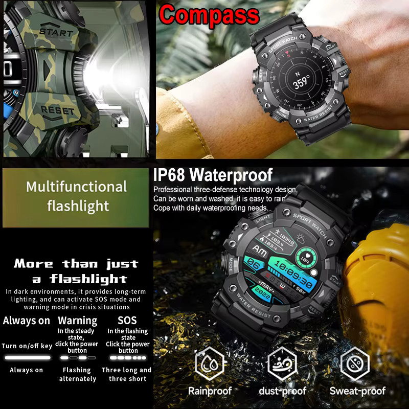 BOXUXING Militär Outdoor Smartwatch für Männer in Grün mit Bluetooth Anruffunktion, Herzfrequenzmessung, Kompass und IP68 Wasserdichtigkeit - Bild 3