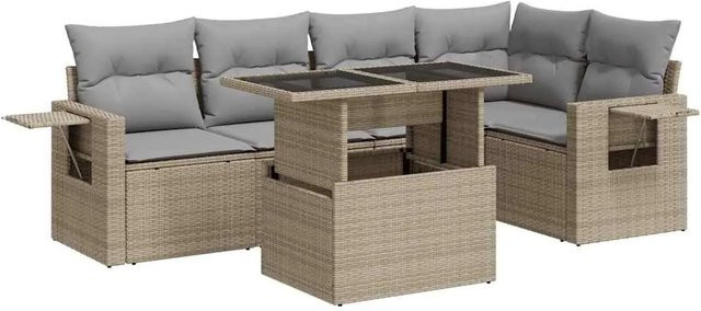 vidaXL 6-teilige Garten-Sofagarnitur in L-Form aus Poly-Rattan mit Kissen in Beige-Grau - Bild 1