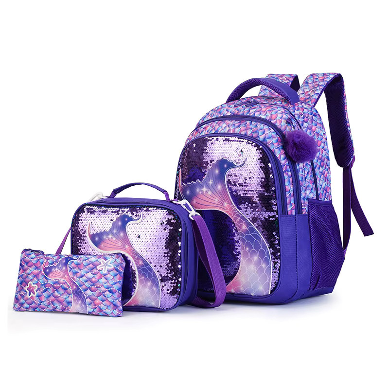 3-teiliges Einhorn Schulranzen-Set aus Nylon in Blau mit Rucksack, Lunchbag und Federmäppchen - Bild 2