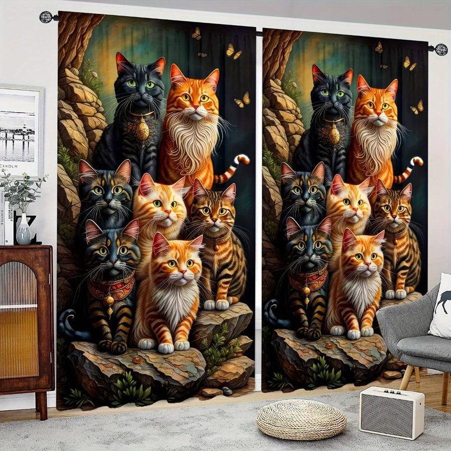 Yiran Furniture Fenstervorhänge mit Tierkatzen-Print, 2er-Set, halbtransparent, Polyester, Mehrfarbig, Breite: 50 cm, Höhe: 140 cm - Bild 3