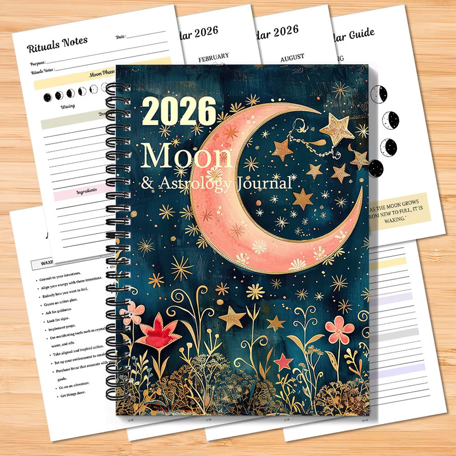 Spiralnotizbuch 2026 Mond- und Astrologie-Tagebuch mit Mond- und Blumen-Motiv in Rosa, A5, Softcover - Bild 2