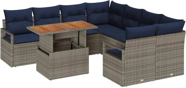 vidaXL Garten Essgruppe 9-teilig aus Poly-Rattan und Akazienholz in Grau und Marineblau - Bild 1