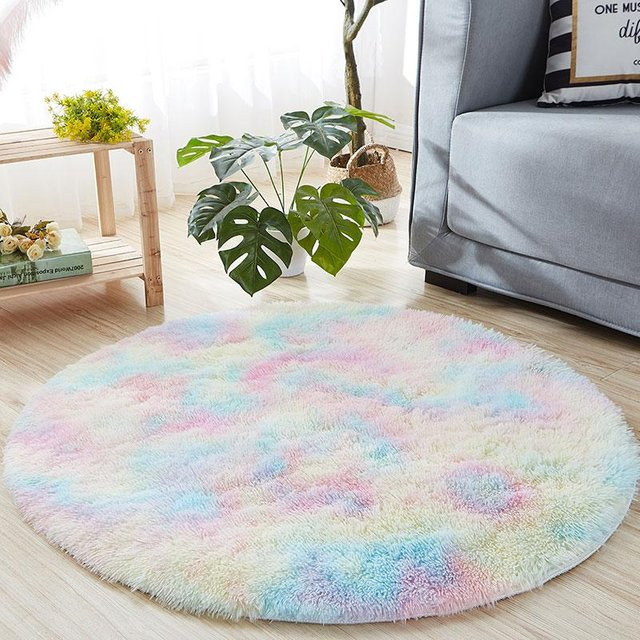 Runder Plüschteppich von ZZ HOME in Rot, Blau und Gelb, weich und flauschig, Durchmesser: 80 cm - Bild 1