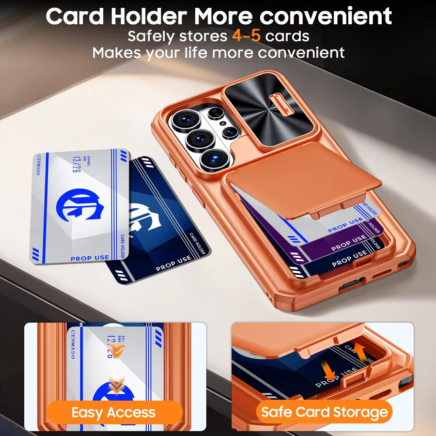 BANGZAO Wallet Case für Samsung Galaxy S26 Ultra in Orange mit Kartenhalter, Schiebe-Kameraabdeckung und Standfunktion aus PC+TPU - Bild 3