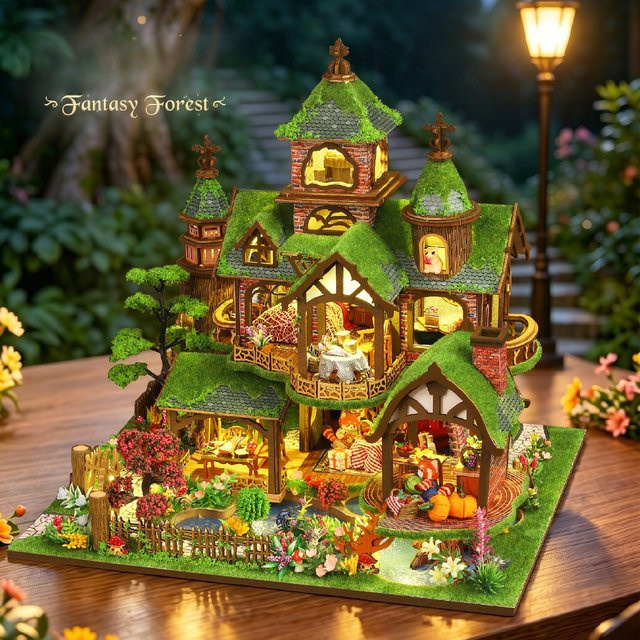 GSF DIY Holz-Miniaturmodellbausatz Fantasiewald-Haus, 3D-Puzzle Puppenhaus mit Möbeln - Bild 1