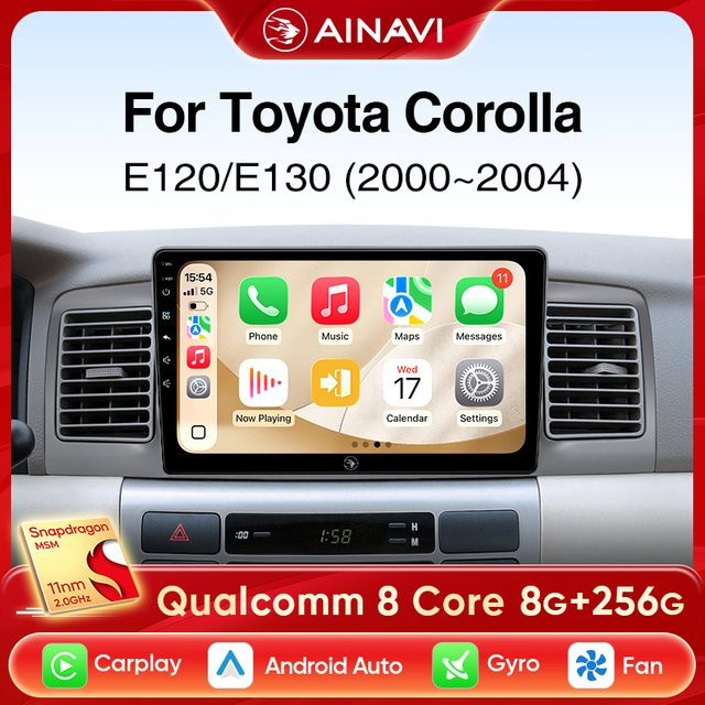 Ainavi Autoradio für Toyota Corolla 2001 bis 2004 E120 E130 mit kabellosem Carplay, Android Auto und 4G Multimedia Stereo in Schwarz - Bild 1