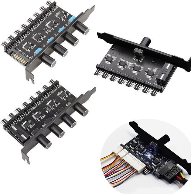 8-Kanal Lüfter-HUB mit 4-Pin SATA-Stromversorgung und Geschwindigkeitsregler für 3-Pin und 4-Pin Lüfter, Schwarz - Bild 1