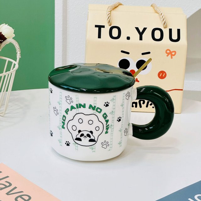 Yiran Furniture Keramik-Tassen-Set mit Deckel und Löffel, weißes Design mit gepunktetem Tiermotiv, 400 ml - Bild 1
