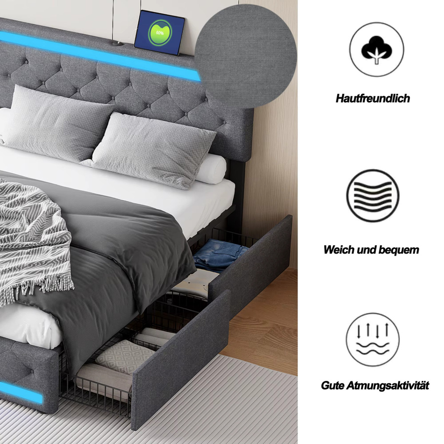 Comanlai Polsterbett aus Leinen mit 4 Schubladen, LED-Lichtleiste und USB-Ladeanschluss, Dunkelgrau, B/T: 160 x 200 cm - Bild 5