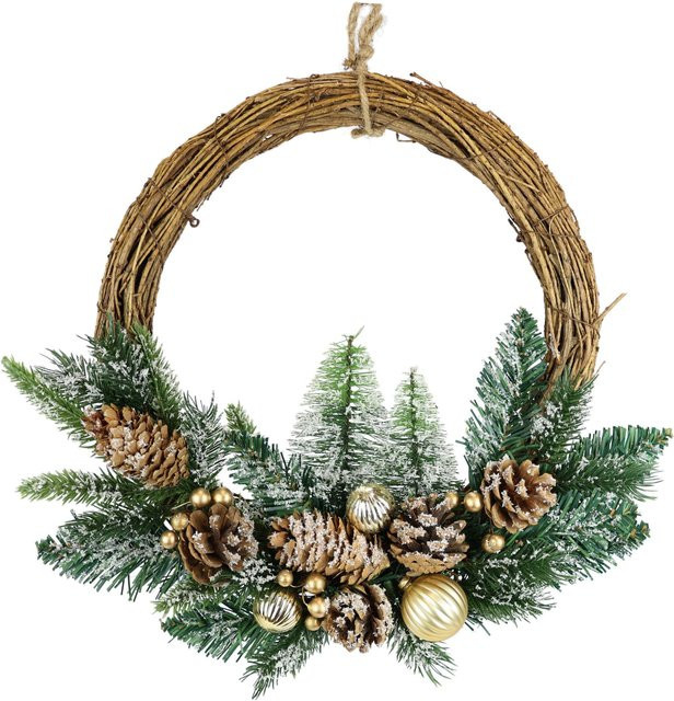 Weihnachtskranz Zapfen in Gold, Grün, Braun und Multicolour aus Holz und Textil im rustikalen Design - Bild 1
