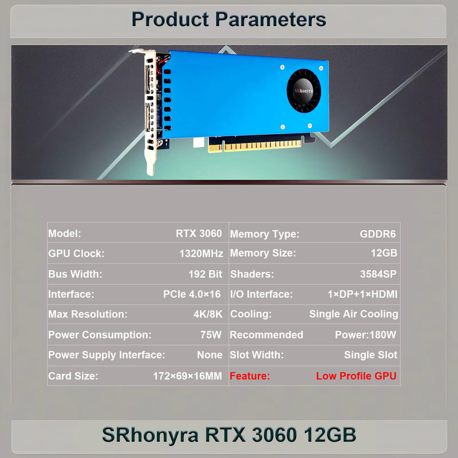 SRhonyra RTX 3060 12GB Low-Profile-Grafikkarte mit GDDR6 192-Bit PCIe 4.0 x16 und Dual-Ausgängen für SFF, Thin ITX und HTPC PCs - Bild 2