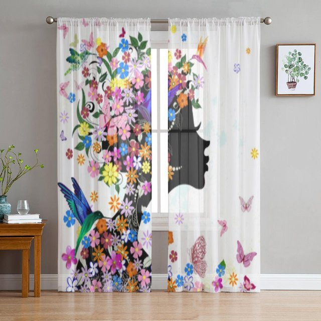 Super Six Transparente Tüllvorhänge mit Schmetterlings- und Blumenmuster in Grau, Breite: 135 cm, Höhe: 114 cm - Bild 1