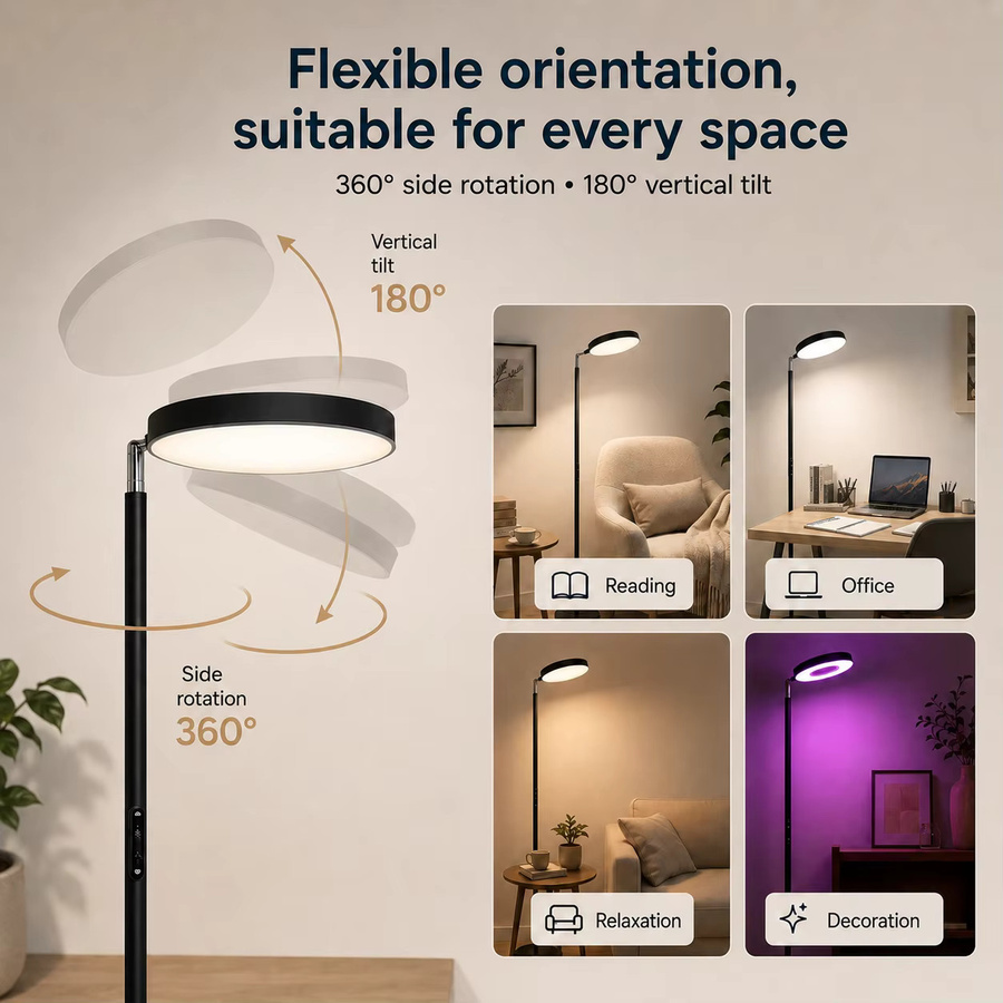 LEOEU LED-Stehlampe mit RGB-Farbwechsel, moderne 2-teilige Stehleuchte aus Metall in Schwarz, mehrfach winkelverstellbar, Höhe: 180 cm, Breite: 25 cm, Tiefe: 25 cm - Bild 6