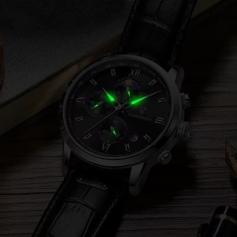 LIGE Armbanduhr, Quarzuhr, Leder, Schwarz, Silber, Herren - Bild 5