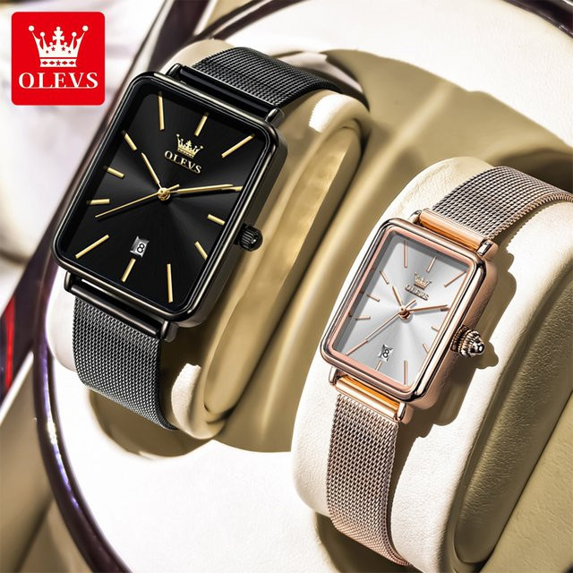 OLEVS Armbanduhr, Quarz, eckig, Roségold, Schwarz, Milanaise, Datum - Bild 1
