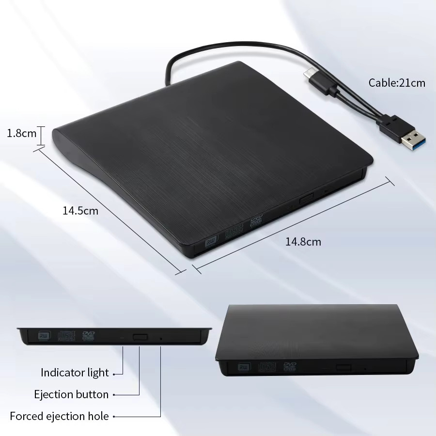 GGBEE Externes 2-in-1 Optisches Laufwerk mit USB-C und USB 3.0, Tragbarer DVD-Brenner und CD-RW Recorder in Schwarz - Bild 5
