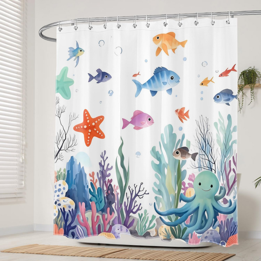 Bunter Duschvorhang mit Unterwasserwelt-Motiv für Kinderbadezimmer, Fische und Korallen, Polyester, B/H: 90 x 180 cm - Bild 1