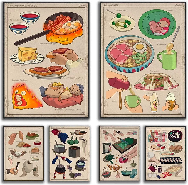 Potdemiel Vintage Leinwandgemälde Studio Ghibli Anime Essen Wandkunst Mehrfarbig - Bild 1