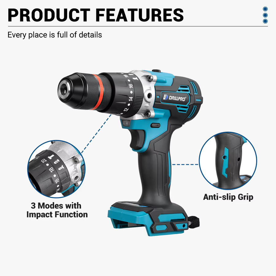 Drillpro Bürstenloser elektrischer Schlagbohrer in Blau mit 650 Nm und 13 mm Bohrfutter, kompatibel mit Makita LXT Akkus - Bild 4