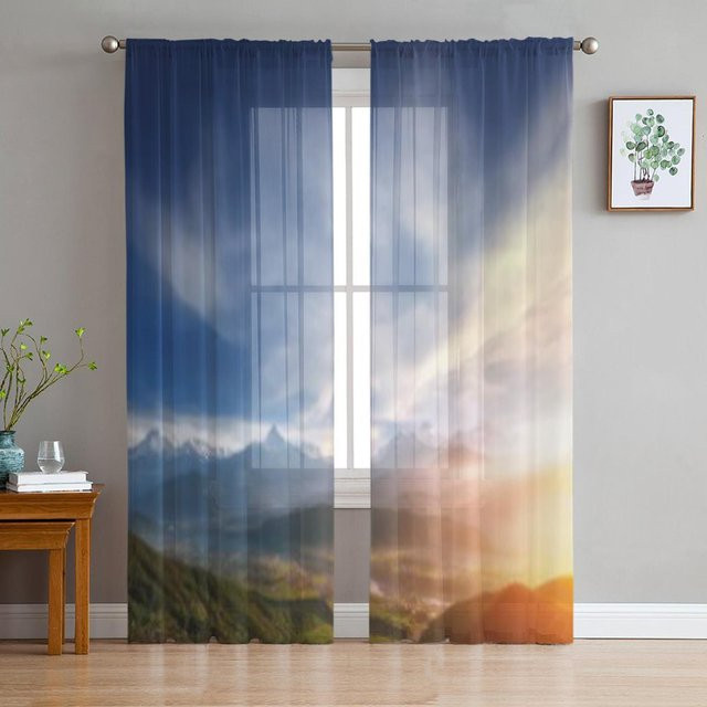 Shangri-La Luxuriöse Chiffon-Vorhänge Transparent Blau, Tüllvorhang für Wohnzimmer und Schlafzimmer, B: 135 cm, H: 114 cm - Bild 1
