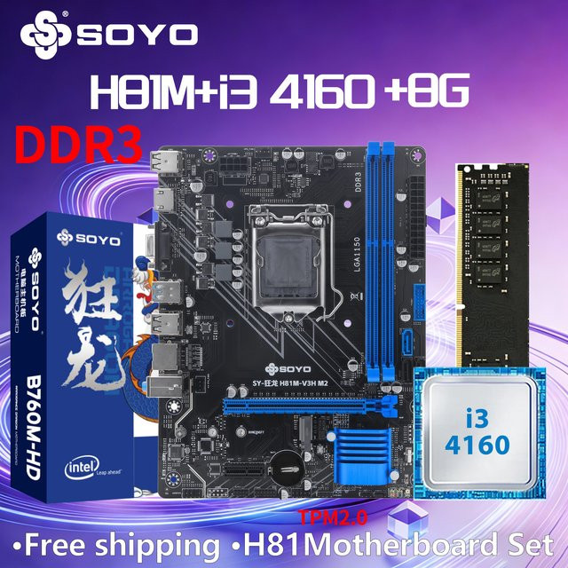 SOYO H81M Gaming-Motherboard Combo Kit mit Intel i3 4160 CPU und 8GB RAM, LGA1150, PCIe 3.0x16, M.2, SATA 3.0, HDMI und VGA, Schwarz - Bild 1