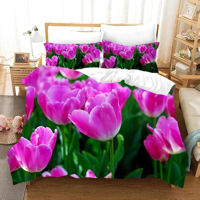 Lodestar Bettwäsche Set Rosa Tulpe aus Mikrofaser mit floralem Naturdesign - Bild 1
