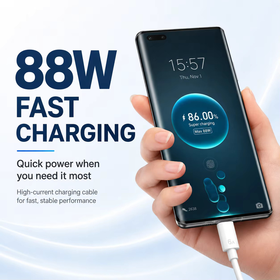 USB-C zu USB-C Schnellladekabel 88W 6A in Weiß für Handys, Laptops und Tablets mit Datensynchronisation - Bild 3