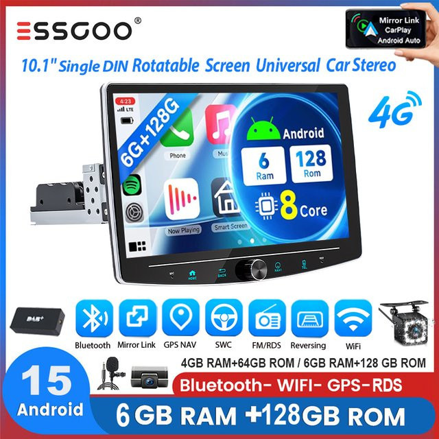 ESSGOO Android 15 Autoradio mit 10,1 Zoll drehbarem Touchscreen, 64GB oder 128GB Speicher, kabelloses CarPlay, GPS, Bluetooth, WiFi und MIC in Schwarz - Bild 1