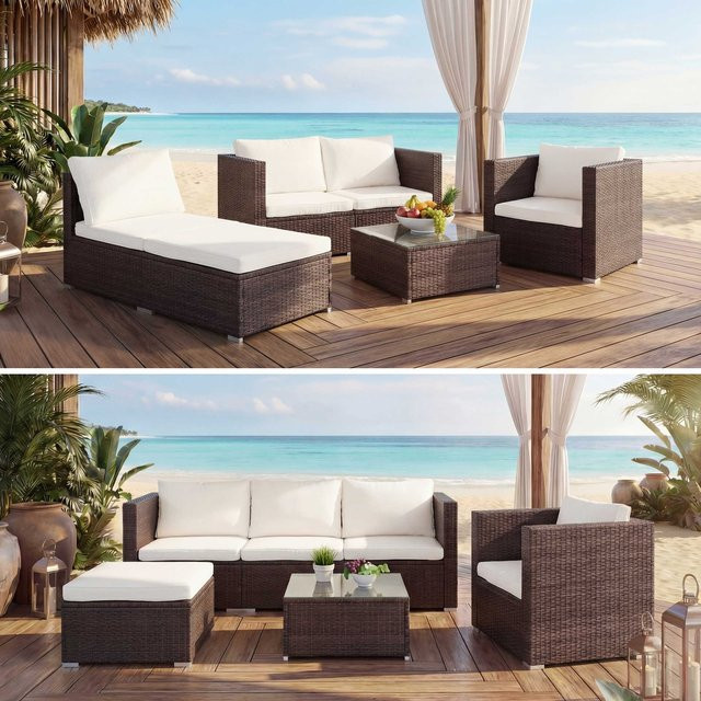 MCW Poly-Rattan-Garnitur Busto Lounge-Set in Braun mit Cremefarbenen Kissen und Tisch mit Glasplatte - Bild 3