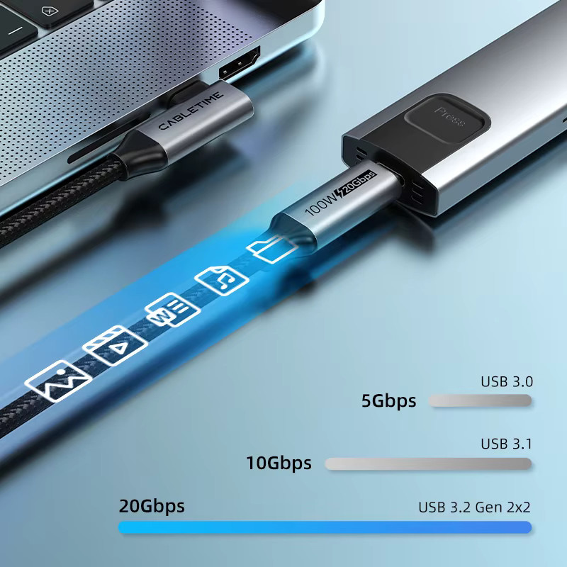CABLETIME USB C auf USB C-Kabel in Schwarz mit USB 3.2 Gen 2 20 Gbit/s, 90 Grad Winkel, PD 100 W Schnellladung und 4K 60 Hz Videoübertragung für iPhone 16, MacBook Pro und iPad - Bild 4