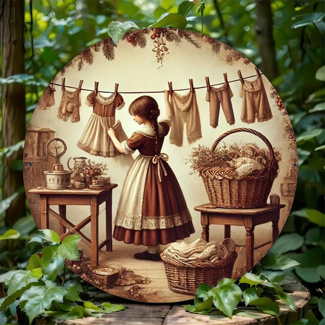 Rundes Metallschild Potdemiel Vintage Wäschezimmer Wandkunst für Zuhause und Café, Durchmesser: 20,32 cm, Mehrfarbig - Bild 1