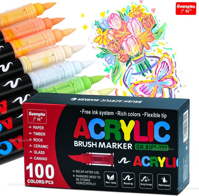 Professionelle Acryl-Farbmarker Set mit 100 Farben und weicher Pinselspitze für DIY-Bastelarbeiten in Multicolour - Bild 1