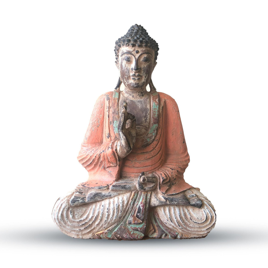 Handgeschnitzte Buddha-Statue von SHAMTAM in Vintage Orange und Steingrau aus Holz, Höhe: 40 cm - Bild 2