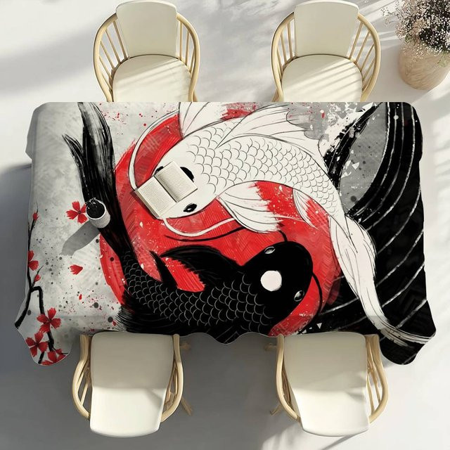 Wasserdichte und fleckenabweisende Tischdecke mit japanischem Koi-Motiv von Fancy Style Studio, Farbe: Rot, B/T: 140 x 180 cm - Bild 1