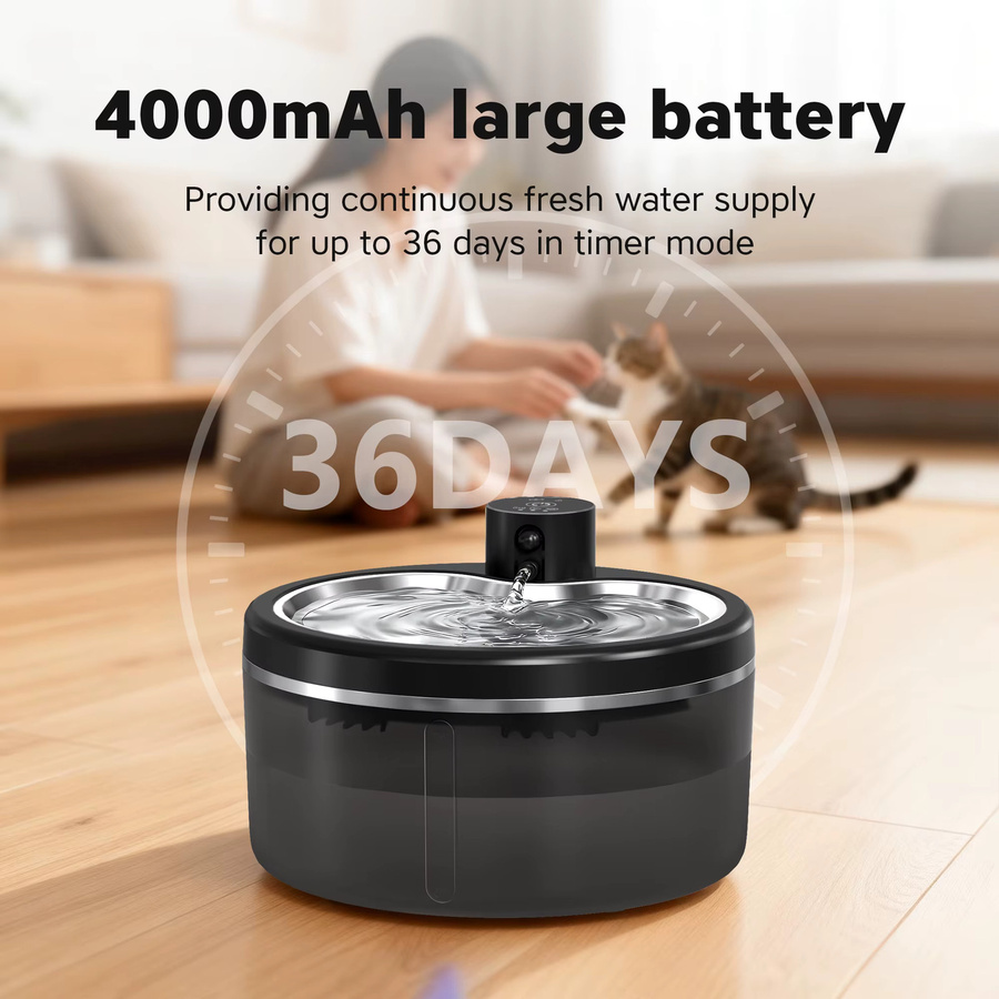 LABEKA Kabelloser Katzenwasserbrunnen in Schwarz mit Edelstahlwanne, 3L Fassungsvermögen, geräuscharmer Haustier-Wasserspender mit intelligenter Sensorik und 4000mAh Akku - Bild 2