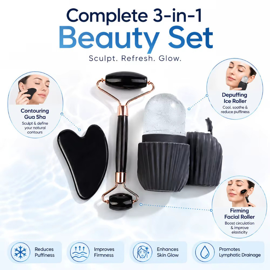 3-teiliges Eis-Gesichtsroller-Set mit Gua Sha Brett, Gesichtsmassagegerät - Bild 3