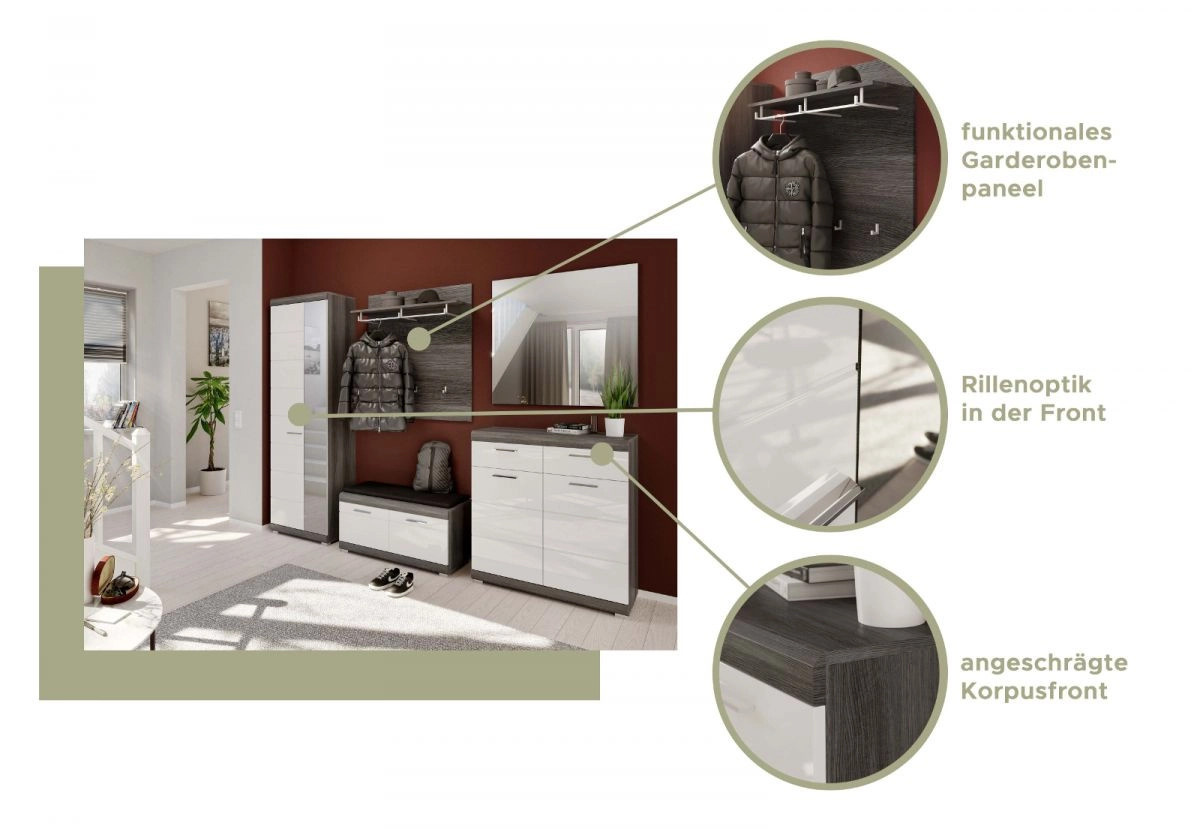 Inn.Furn Garderoben-Set Shawn 5-teilig in Weiß Hochglanz und Grau mit Schuhschrank, Sitzbank, Spiegel und Wandpaneel, B/T/H: 197 x 40 x 272 cm - Bild 6
