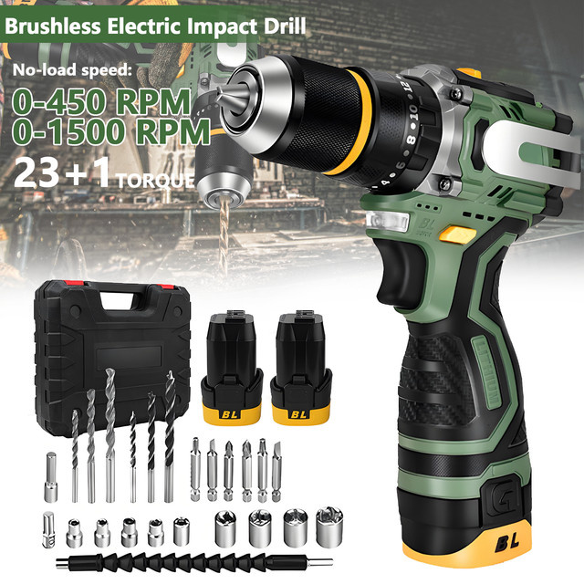 WUIETI Bürstenloser Akku-Bohrschrauber 16,8V in Grün mit 55Nm Drehmoment, 13mm Metallbohrfutter, 23 Drehmomenteinstellungen, 2 Geschwindigkeiten und LED-Licht inklusive Zubehör-Set - Bild 1