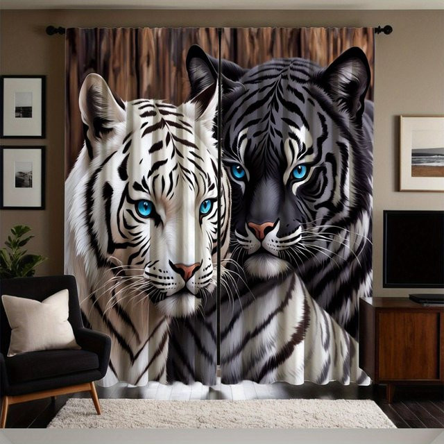 Tonnika Chen Vorhang mit Tigerprint in Multicolor aus Polyester, 2er-Set, Breite: 100 cm, Höhe: 70 cm - Bild 1