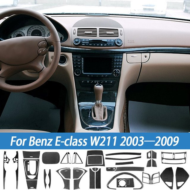 Carbon Faser Aufkleber Set für Benz E-Klasse W211 (2003-2009) für Mittelkonsole, Lüftungsauslass und Türgriff Panel in Schwarz von HSKCKJ - Bild 1
