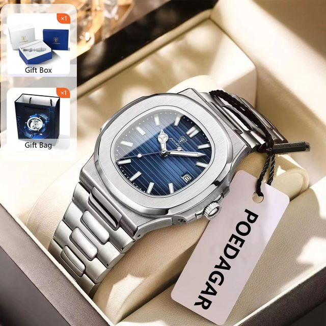 POEDAGAR Armbanduhr Edelstahl, Quarz, Eckig, Blau, Herren - Bild 1