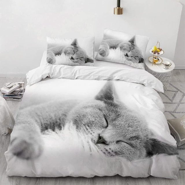 Bettwäscheset mit Katzenmuster von Binchi Fitness, 3-teiliges Set aus Microfaser in Weiß, bestehend aus einem Bettbezug mit Reißverschluss und 2 Kissenbezügen, B/H: 210 x 210 cm - Bild 1
