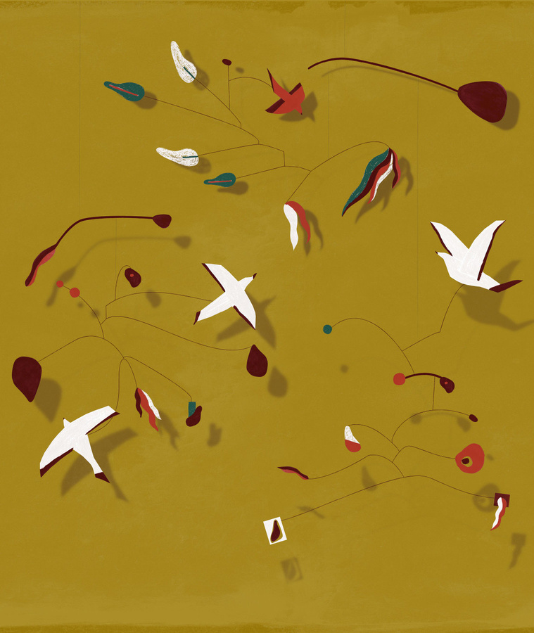 Nobilis Panorama Tapete Les Mobiles in Gelb und Gold mit abstraktem Design aus Papier und Textil - Bild 1