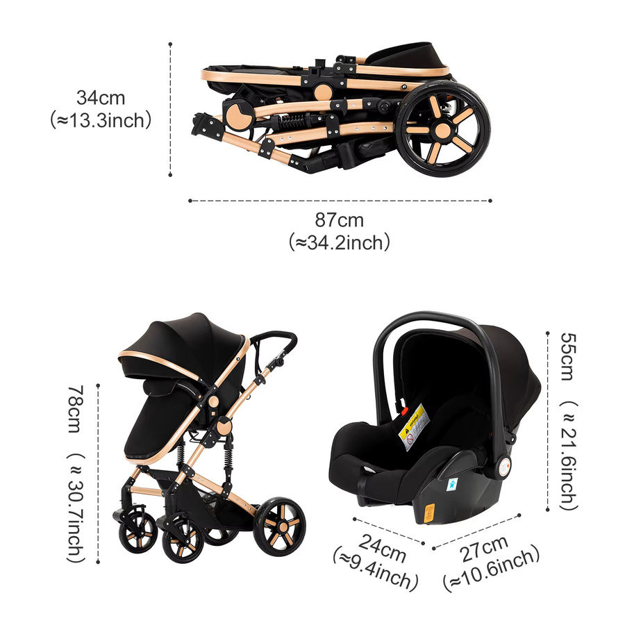Magic ZC 3-in-1 Reisesystem Kinderwagen in Schwarz-Gold mit Aluminiumrahmen und faltbarem Design - Bild 4